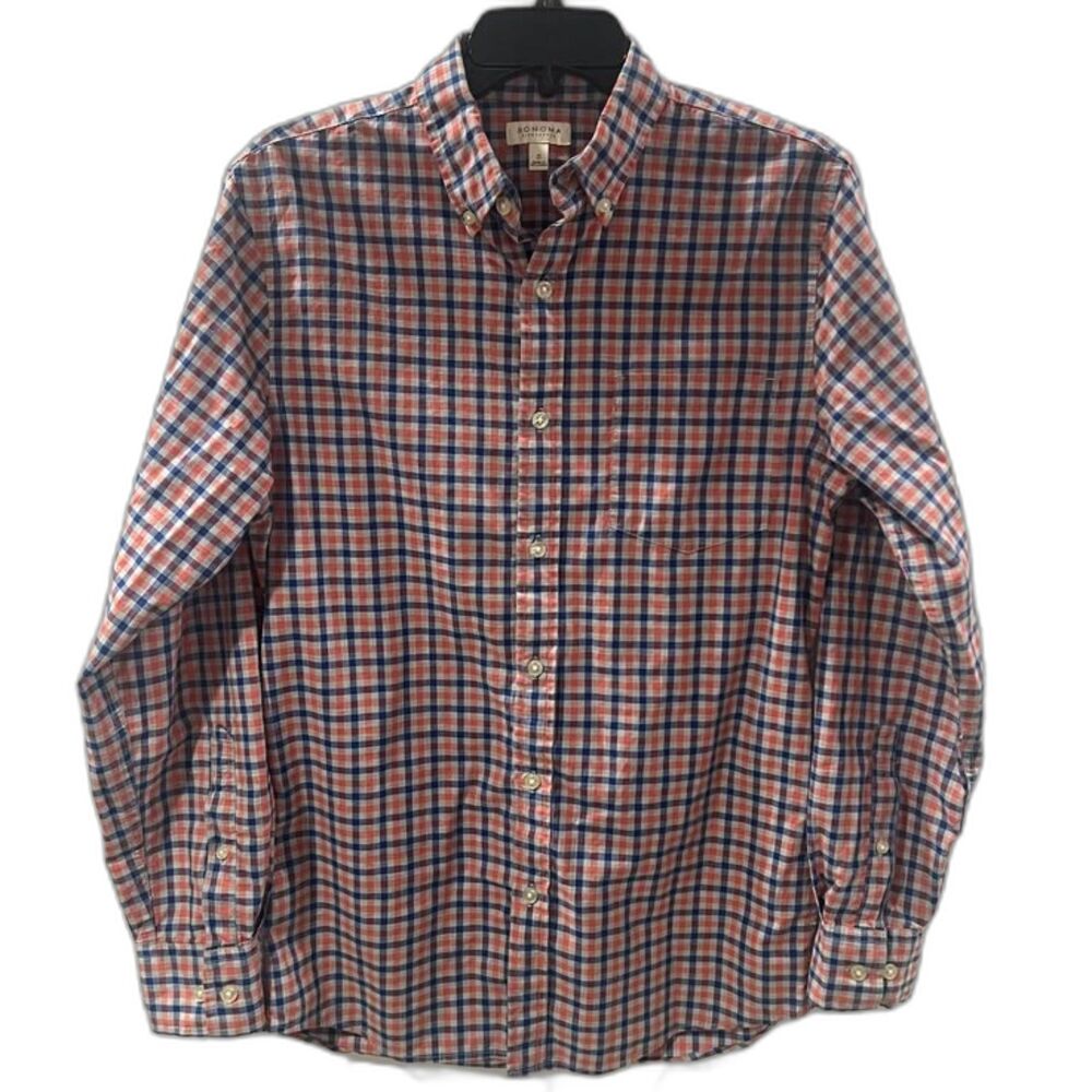 Sonoma 100% Cotton Blue Orange Grey Plaid Long Sleeve Button Down Shirt - Small